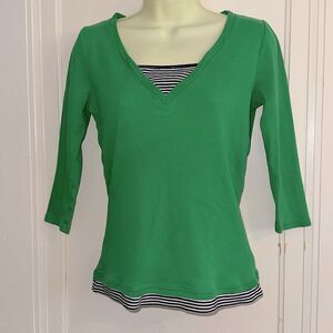 Lauren Ralph Lauren Green, Navy Blue & White Knit Cotton Top with 3/4 Sleeves